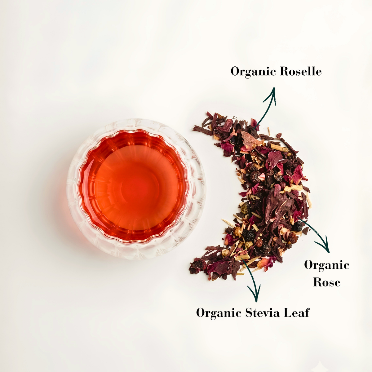 A cup of Crimson Serenade herbal tea beside a crescent-shaped display of ingredients including organic roselle, organic rose, and organic stevia leaf.