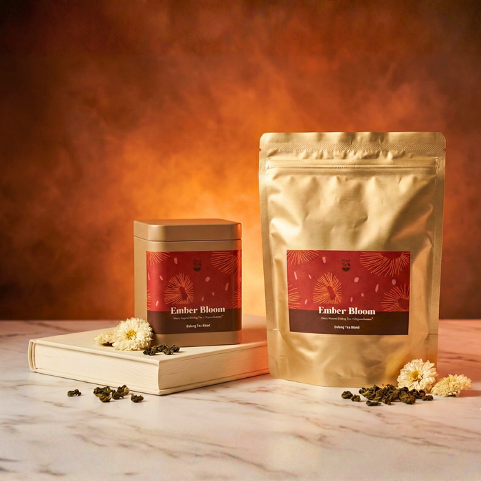 Ember Bloom Oolong tea blend by Sian Te, shown in both tin and pouch packaging in a product display.