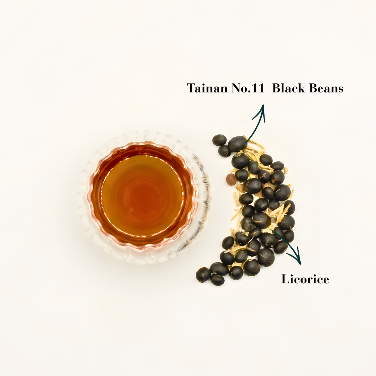 A cup of Obsidian Drift black bean tea beside a crescent-shaped display of ingredients, including Tainan No.11 black beans and licorice.